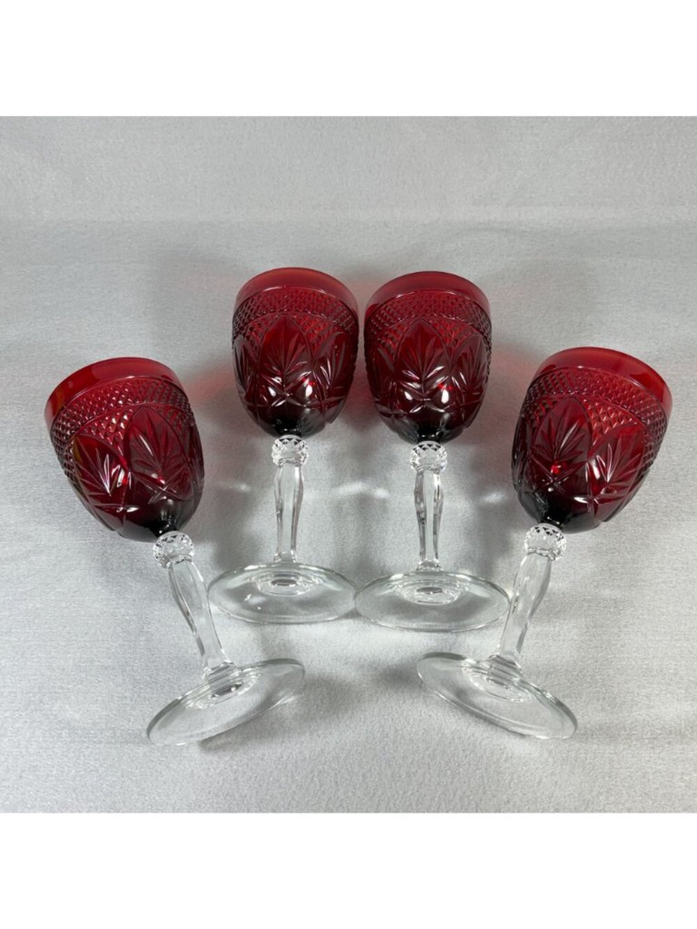 Vintage Ruby Cut to Clear Crystal Goblets Set of 4 Clear Stem Wine Glasses 8.25" - Picture 4 of 9